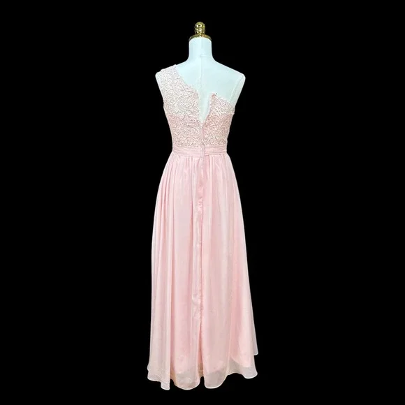 Blush Pink One Shoulder Lace Bodice Chiffon Maxi Formal Dress Size 4/6 - Picture 6 of 13